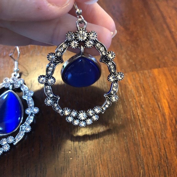 Cobalt Blue Teardrop Surrounded by Rhinestone Drop Earrings - Picture 4 of 8
